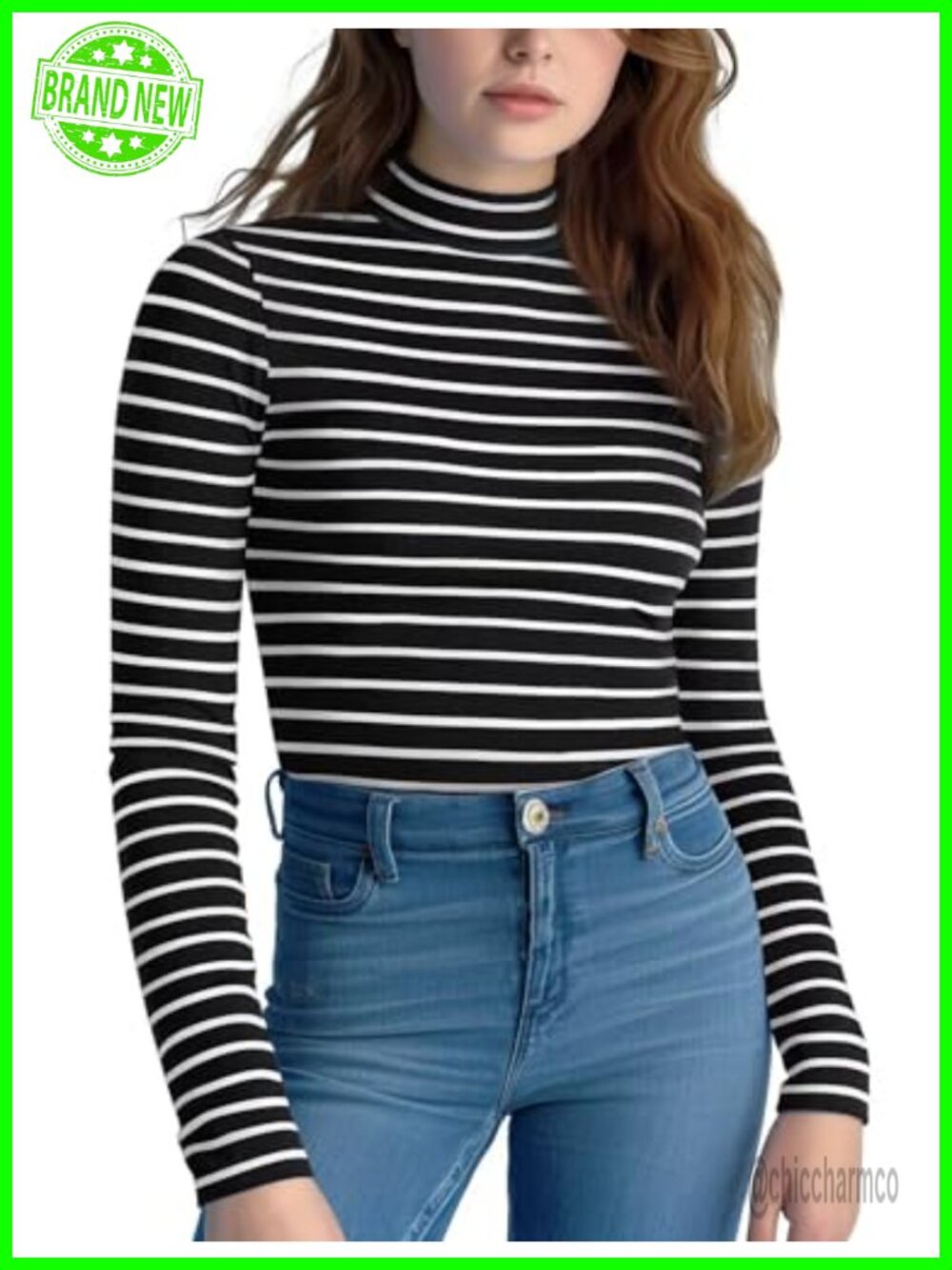 Women's Ribbed Mock Neck Long Sleeve Stripe Turtleneck Shirt